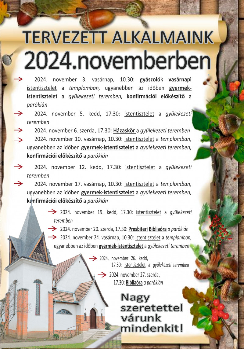 Tervezett alkalmaink 2024. novemberében