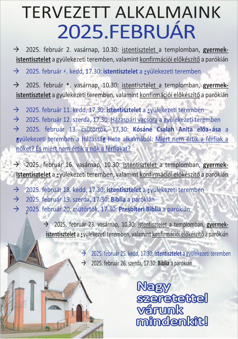 Tervezett alkalmaink 2025. februárjában Tervezett alkalmaink 2025. februárjában