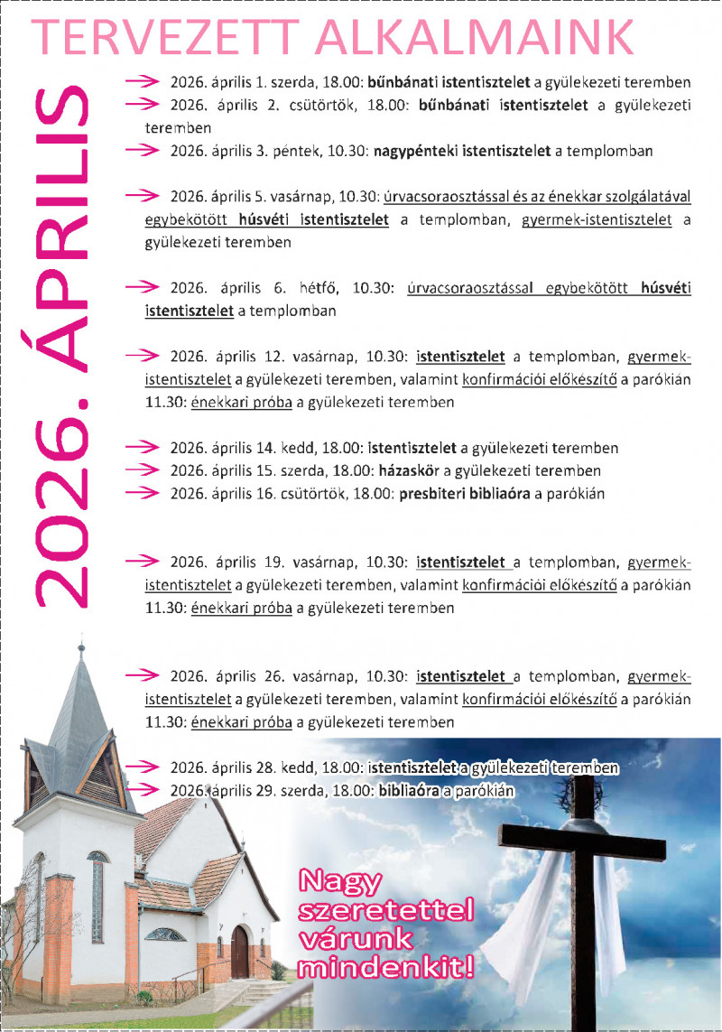 Tervezett alkalmaink 2026. áprilisában